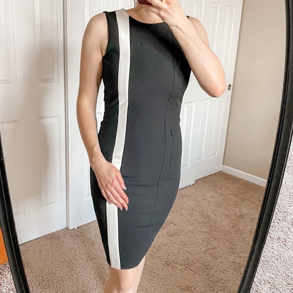 AKRIS Punto Contrast Stripe Sheath Dress Black Cream 2